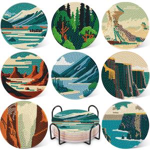DOTZSO 8 Pcs Diamond Art Coasters Kit with Holder Diamond Art Kits for Adults Beginners Small Diamond Painting Coasters Arts and Crafts for Adults Supplies Item Sets (Landscape)