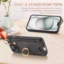 JanCalm for iPhone 15 Plus Case, Metal Ring Holder Stand, Card Slots Wallet, Wrist Strap, Magnetic Clasp, Leather Shockproof Protective Cover for iPhone 15 Plus (Black)
