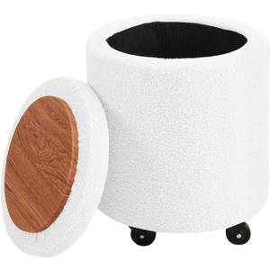 Mxfurhawa Storage Ottoman Foot Rest Round Footstool Teddy Velvet Footrest Multifunctional Rolling Stool Coffee Table Ottoman with Wheels Vanity Stool for Makeup Room Living Room Bedroom (White)