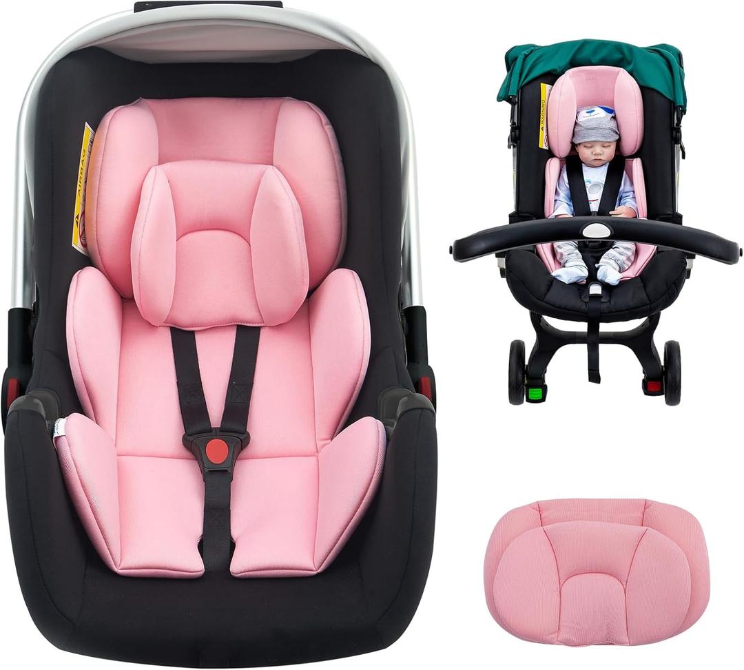 Infant Car Seat Insert with Extra Headrest for Preemie to Newborn, Thickened Baby Car Seat Head Support for Girls Boys, Adjustable Baby Car Seat Cushion with Filled Natural Spong (Pink)