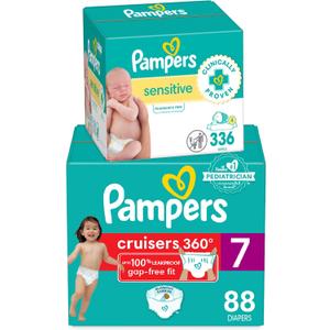 Diapers Size 7, 88 Count and Baby Wipes - Pampers Pull On Cruisers 360 Fit Baby Diapers with Stretchy Waistband, ONE MONTH SUPPLY with Sensitive Wipes, 6X Pop-Tops, 336 Count (Packaging May Vary)