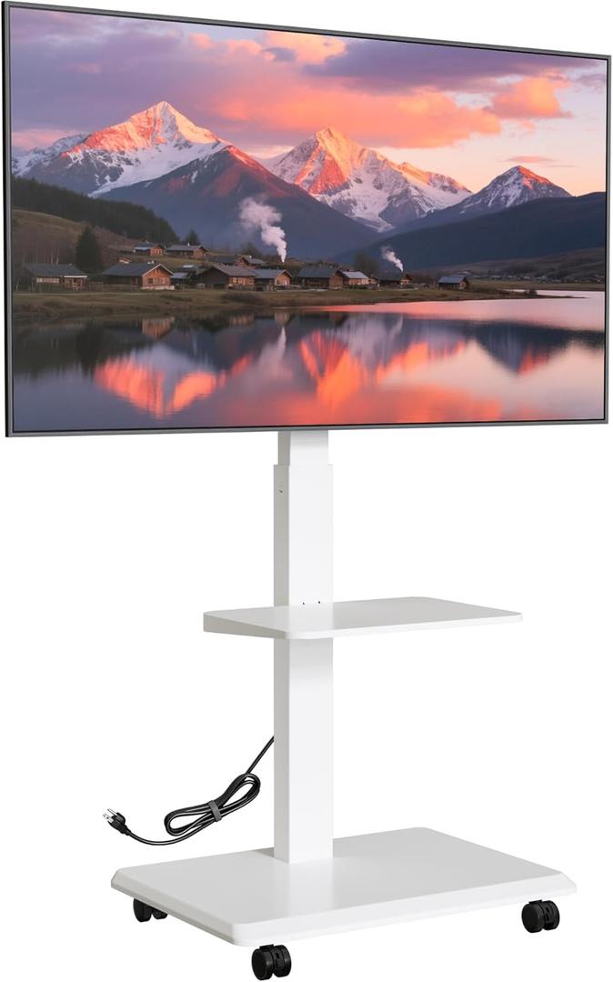 Steel Base Rolling TV stand with Power Outlet for 32-75 inch TVs up to 110 lbs, Leveling & Tilt & Swivel Mobile TV Stand with Hidden Wire Management, Height Adjustable Portable TV Stand, White