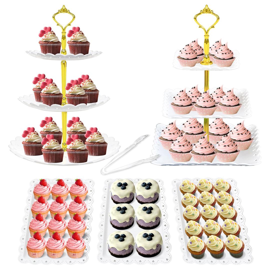 Joy Akkess 6 Pcs Dessert Table Display Set with 2 Pcs 3 Tier Cake Stand, 3 Pcs Dessert Trays and 1 Tongs for Tea Party Wedding Baby Shower(White, Wavy)