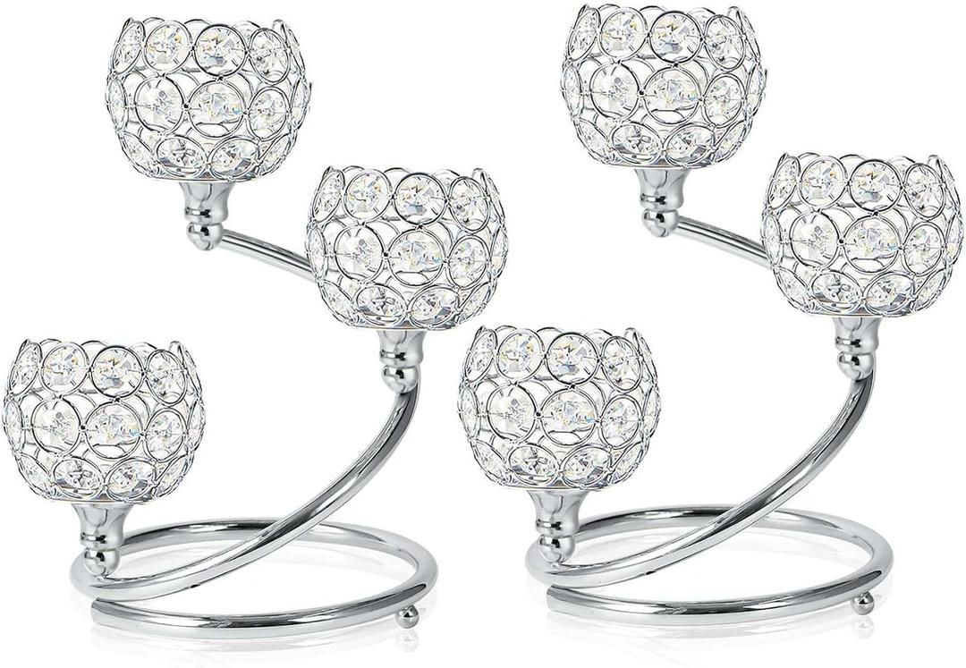 Metal Crystal Candle Holder Set of 3 - Elegant 5-Arm Metal Tea Light Centerpiece with Shining Crystal Bowl, Wedding Anniversary Table Decor for Dining, Party (Silver, 2 Pcs 3 Arm)