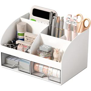 Desk Organizer with 6 Compartments and 2 Drawers, Plastic Makeup Organizer, Pen Holder for Desktop Storage, Desk Organization for School, Home, Office Supplies (White)