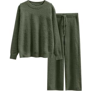 ANRABESS Women's Fuzzy Fleece Pajama Sets 2 Piece Outfits Long Sleeve Top Wide Leg Pants Lounge Matching Set 2025 Fall Winter (Medium, Lawn Green)