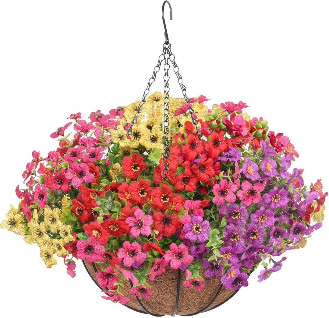 Artificial Hanging Faux Flowers Basket, Fake Silk Daisy Eucalyptus Plants Arrangement,for Spring Summer Outdoor Decoration,UV Resistant, Coconut Planter,Look Real for Home Garden Decor (Multi Color)