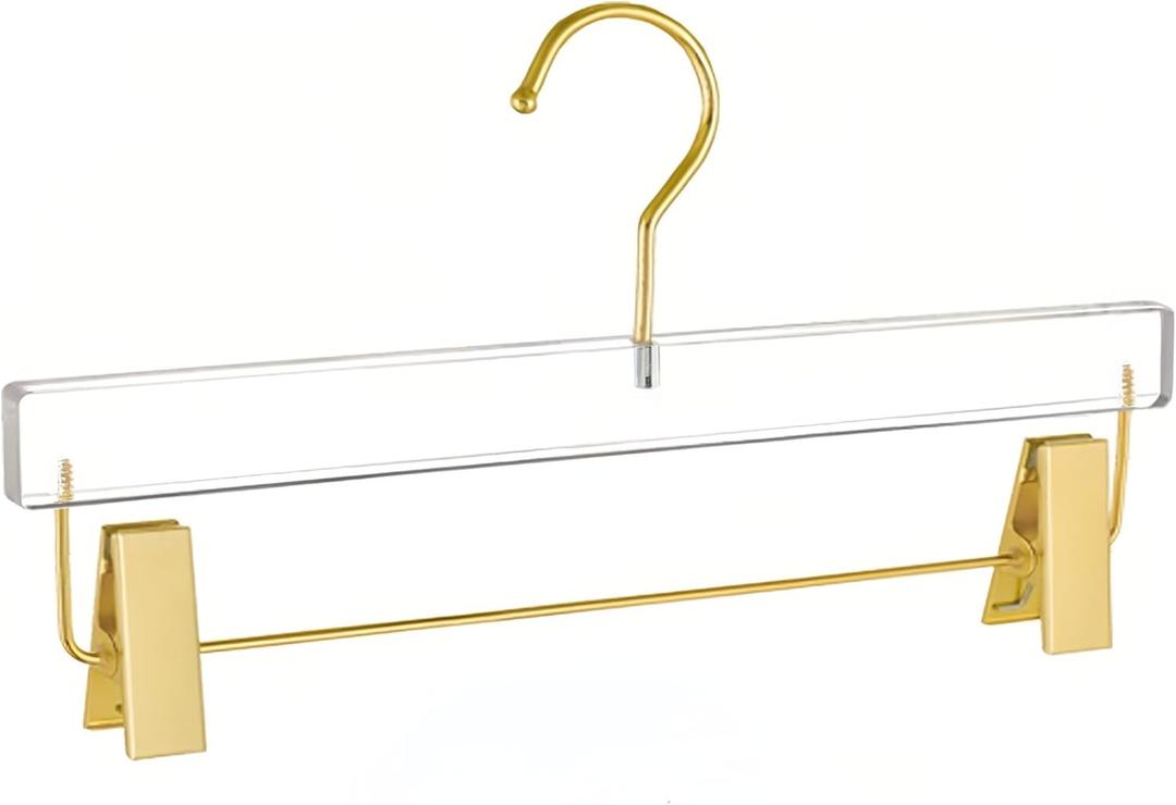 10 Pieces Acrylic Pants Hanger with Gold Clip and 360 Degree Rotatable Gold Hook, Transparent Standard Pants Rack Suitable for Wedding,Skirt,Clothing Stores
