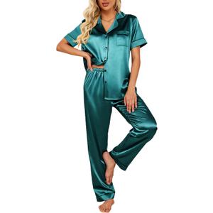 Ekouaer Silk Satin Pajamas Set Women Short Sleeve Sleepwear Soft Button Down Loungewear Pjs Set (XX-Large, Blue Green)