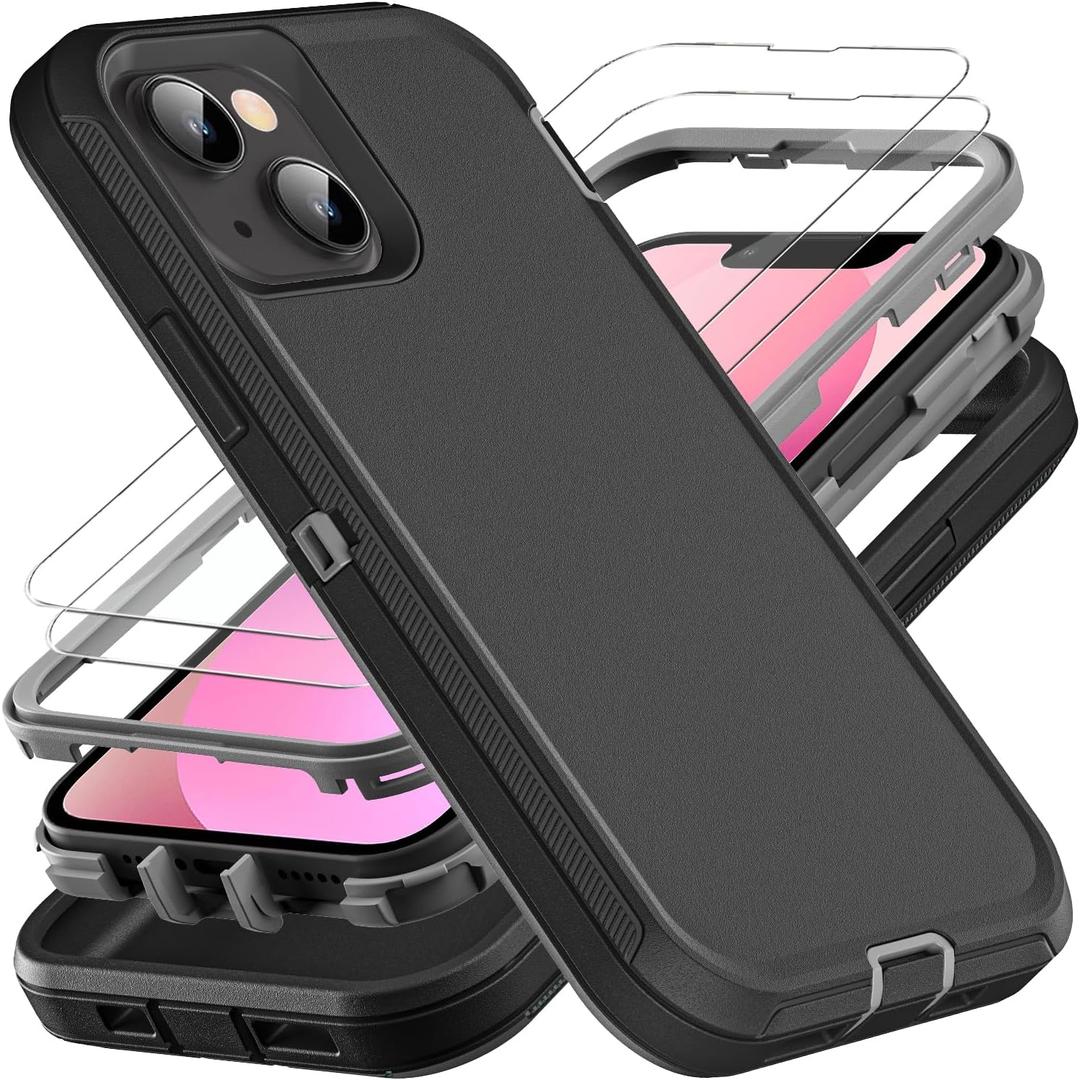 for iPhone 13 Mini Case, Military Grade 3 in 1 Heavy Duty Shockproof/Drop Proof/Dust Proof Case with 2Pcs Tempered Glass Screen Protector (Black/Grey)