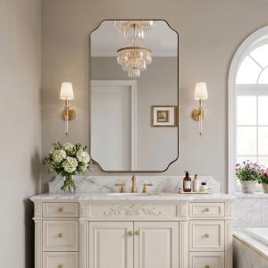 MIRRORART 24x48'' Scalloped Gold Bathroom Mirror, Full-Length Wall Mirror