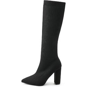NEWBELLA Women's Winter Knee High Boots, Stretch Knit Material, Chunky Heel, Non-Slip Comfort Style (Black, Adult, Women, 7.5, Numeric, US Footwear Size System, Medium)