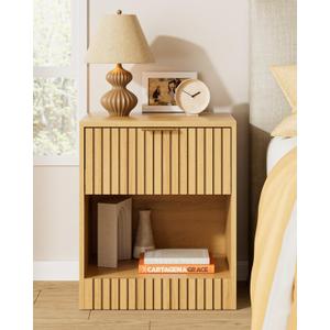 Tall Nightstand Extra Large Nightstand, Modern Night Stand, Bedside Table with Drawer and Open Shelf, Cube Design, Side Table for Bedroom, Living Room, Oak