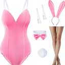 Women Velvet Bunny Costume Bunny Girl Suit Costume Senpai Cosplay One Piece Bodysuit Stockings Set (X-Small, Pink)