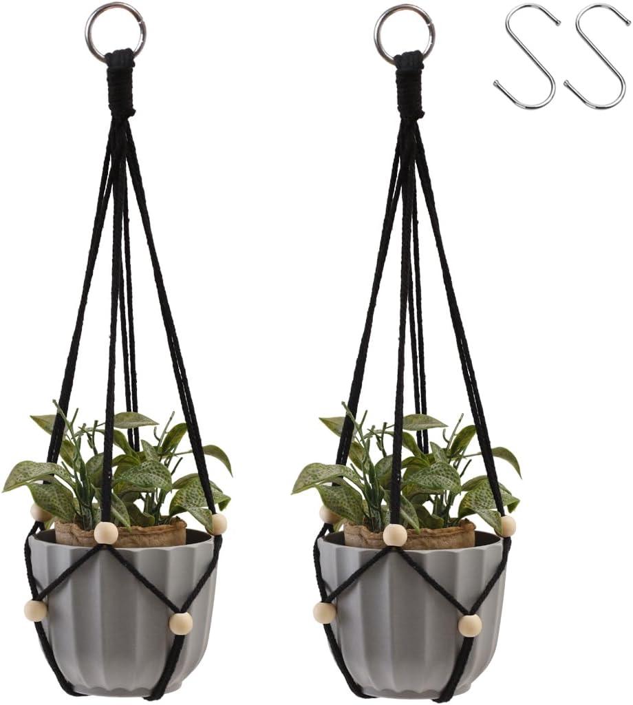 Artilady Black Hanging Planter for Indoor Plants Macrame Plant Hanger Large Hanging Plant Holder Basket with Adjustable Beads Outdoor Window Boho Plant Wall Decor