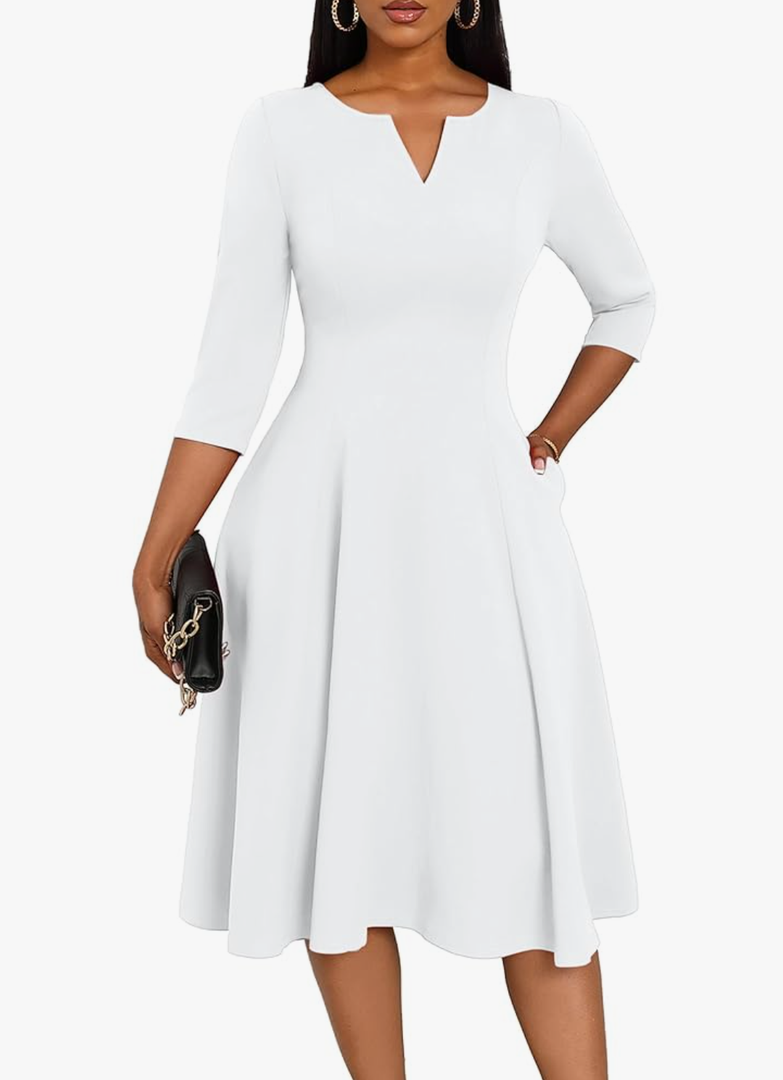 Nmoder Midi Dresses for Women A-Line Fit and Flare Dress 3/4 Sleeve V Neck Cocktail Wedding Guest Work Dress with Pockets XL