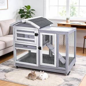 GEGURI Rabbit Hutch Indoor Rabbit Cage Outdoor, Wooden Bunny Cages for Guinea Pig with Wheels, Removable Tray, Ramp, Size: 37.5"L x 36.6"W x 23.2"H