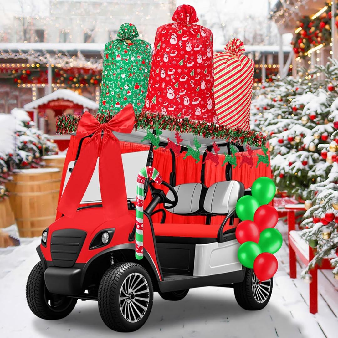 Soulchen 71 Pcs Christmas Golf Cart Decorations Xmas Gift Themed Decor Kit Jumbo Plastic Christmas Drawstring Gift Bags Balloons Tinsel Garlands Glitter Elk Banner Giant Bow for Golf Cart Supplies