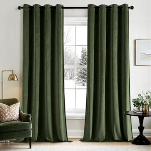 ANRODUO Olive Green Velvet Curtains 84 Inches Long Blackout Thermal Insulated Soundproof Curtain Privacy Room Darkening Curtains Grommet Window Drapes for Bedroom Living Room Set of 2