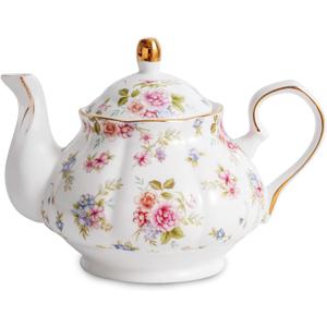 Flower Ceramic Teapot,22oz Porcelain Tea pot for Tea Coffee Milk for Office Home Men Women as Gift(White and Small flowers)