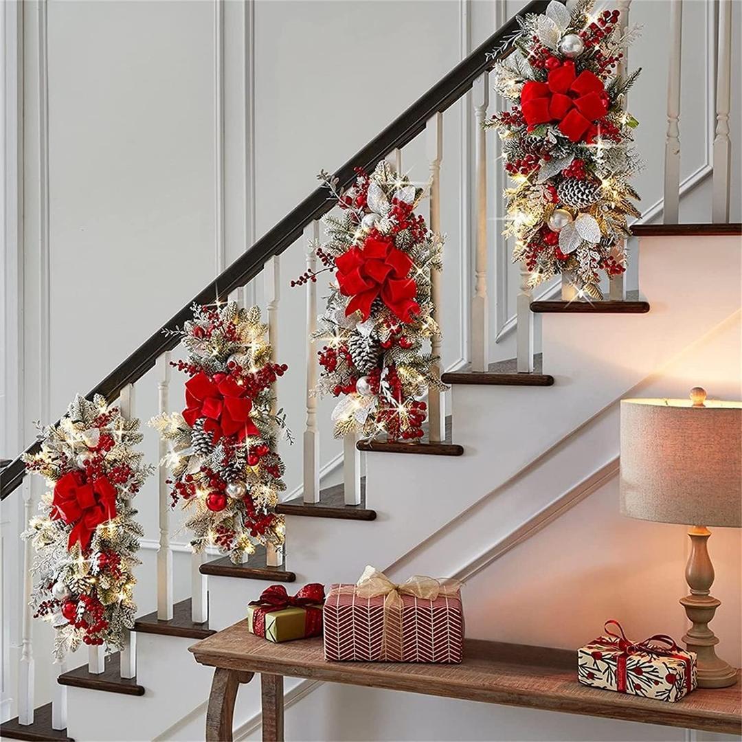 Christmas Teardrop Swag for Decorating, 24" Prelit Cordless Stair Decorations with Lights, 1 Pcs Artificial Christmas Garland Wreath for Staircase Front Door Home Window Decor (Red & White)