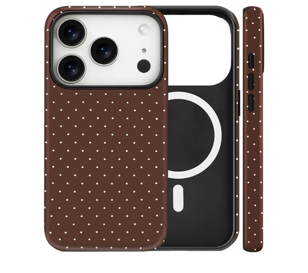 Magnetic for iPhone 17 Pro Case Cute Polka Dot Phone Case, Shockproof Slim TPU and Hard PC Protective Phone Cover Compatible with MagSafe Designed for Women Girls, Brown