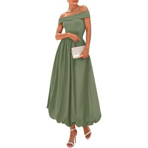 PRETTYGARDEN Womens Summer Off Shoulder Sleeveless Midi Dress Cocktail A Line Flowy Wedding Guest Dresses with Pockets (Army Green, Medium)