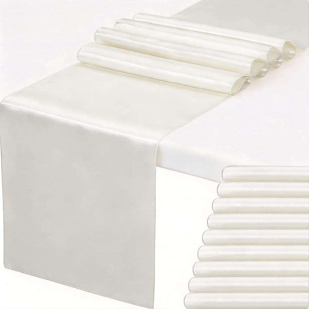 Wedding Decoration Satin Tables Runners 12 x 108 inches for Party Banquet Hotel Restaurant Coffee Shop Decor Ribbon Table Flag Accessories (White Color, 10 Pieces)