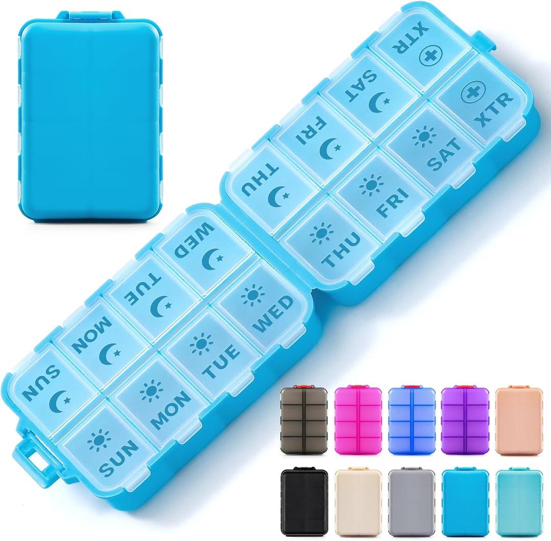 Foldable & Portable Pill Organizer 2 Times A Day with Extra Compartments - Etched Labels - Weekly 7 Day AM PM Medicine Box, Week Daily Travel Pill Case Holder Dispenser for Vitamin, Supplement - Blue
