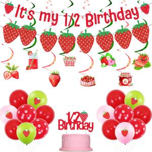 Strawberry Half Birthday Decorations for Girls, It's My 1/2 Birthday Banner Cake Topper Strawberry Banner Garland Red Pink Green Balloon Foil Balloon for Fruit Theme Party