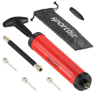 SPORTBIT Ballpump for Sports Balls - Basketball Pump for Sport Balls - Football & Soccer, Basketball, Volleyball Pump, Swim Inflatables - Hand Air Pump with 3 Needles, Nozzle, Extension Hose, Pouch (Red)