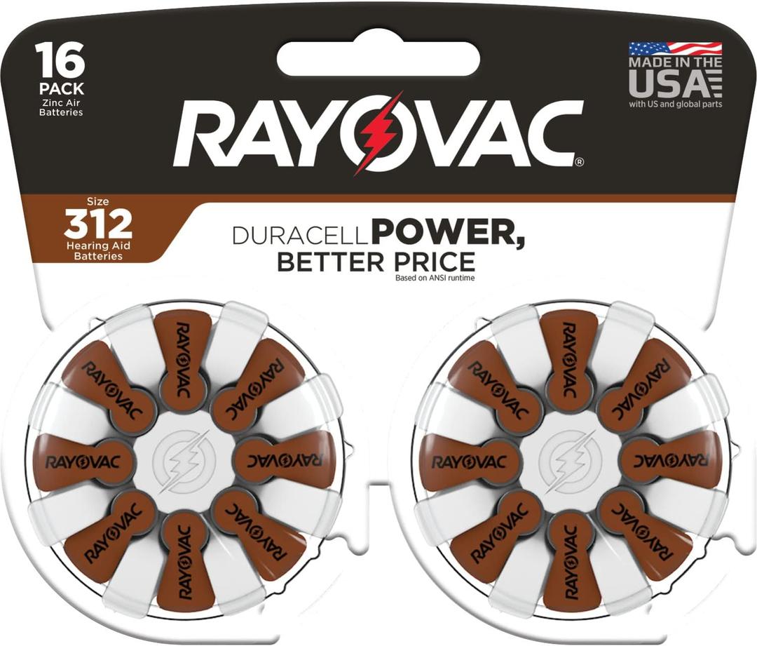 Rayovac Size 312 Hearing Aid Batteries, Hearing Aid Batteries Size 312, 16 Count (Brown Tab)