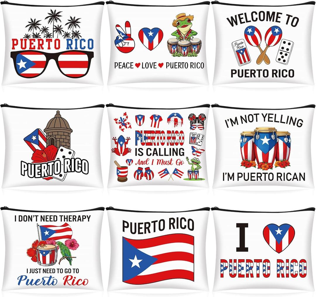 Reginary 9 Pcs Puerto Rico Gifts Makeup Bag Set for Women Puerto Rico Souvenirs Cosmetic Bag with Zipper Christmas Puertorican Travel Vacation Gifts for Besties Sisters