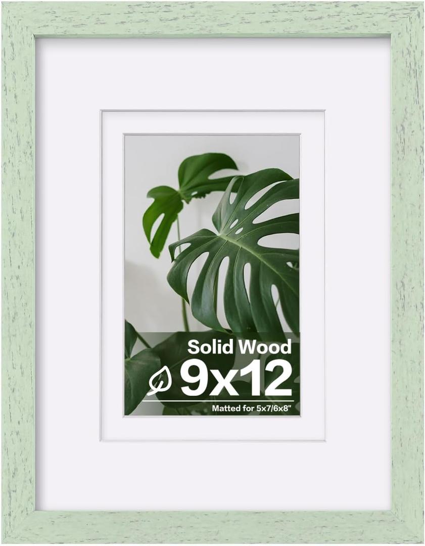 Egofine 9x12 Picture Frame Made of Solid Wood Covered by Plexiglass, Wood Frame for Pictures 5x7/6x8 with Mat or 9x12 without Mat, Tabletop and Wall Mounting Display, Rustic Green
