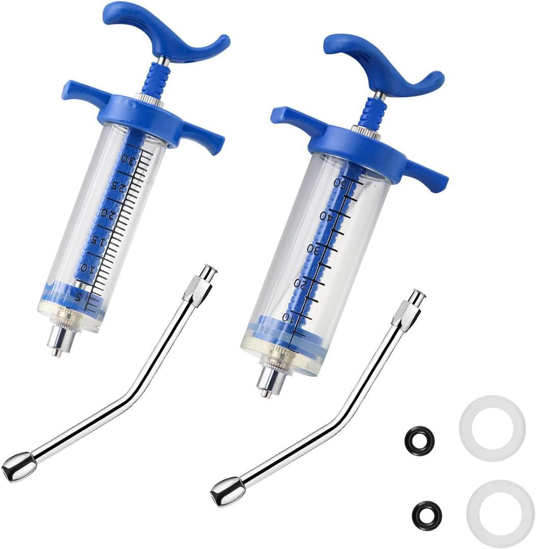 2Pcs Reusable Goats Syringe, 2 Drench Nozzle Adjustable Dosage Drench Gun Syringe for Bird, Cattle, Sheep, Goats, Horse, Pig, Dog Supplies, Pet Water Filler Tool (XM+M-30ML+50ML)