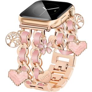 Rose Gold Watch Bands for Women Compatible with Apple Watch Band 38mm 40mm 41mm 42mm (S11/10) Adjustable Unique Charms Metal Strap Cowboy Chain Bracelet for iWatch Series 11/10/9/8/7/6/5/4/3/2/1/SE