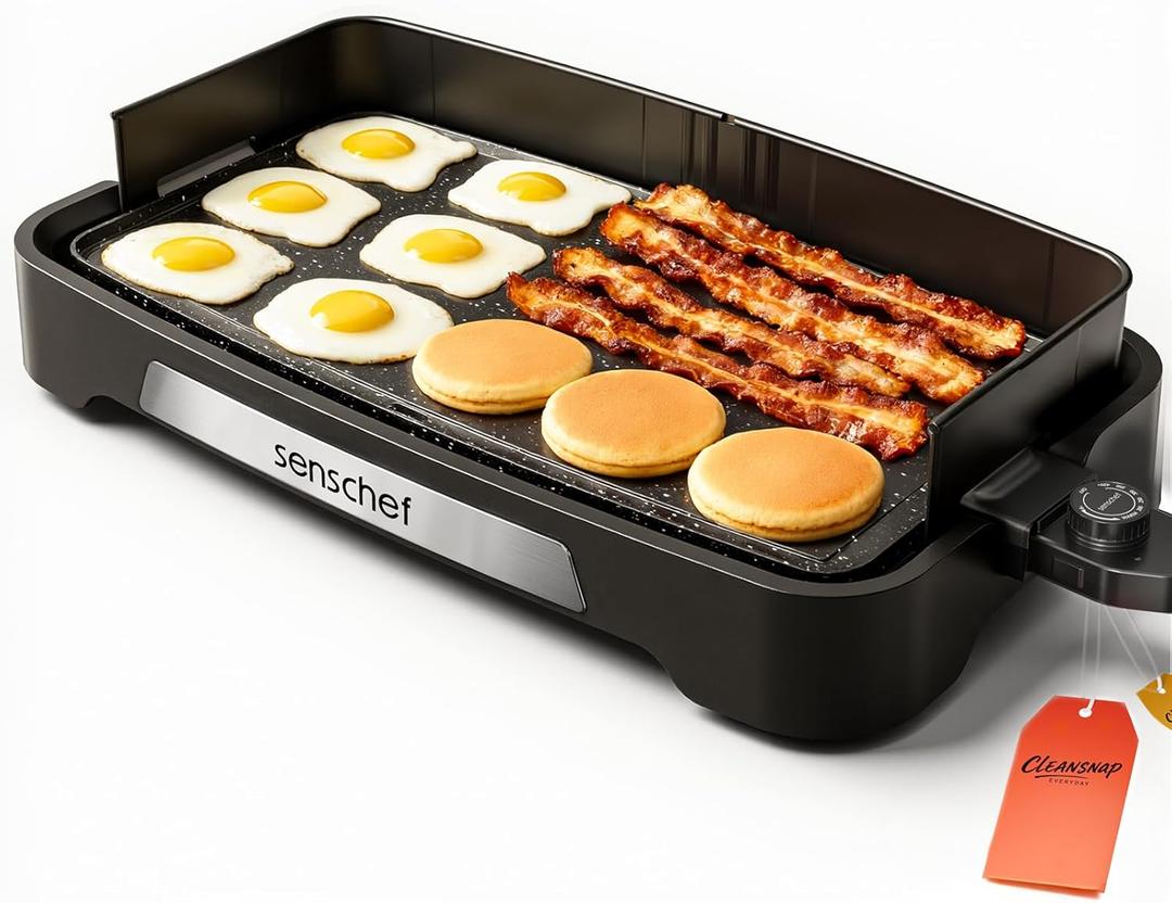Cleansnap Everyday Electric Griddle, 20 Nonstick Grill with Foldable Anti-Mess Shield, 1700W Fast Heating, ILAG Ultimate Coating, Dishwasher-Safe Removable Plate, Midnight Black (20 x 12")