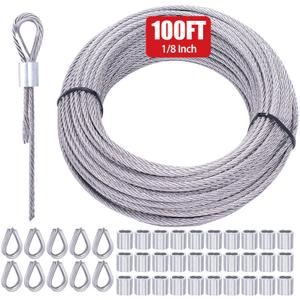 Twidec/100FT 1/8" T316 Stainless Steel Cable for Deck Cable Railing 7x7 Steel Wire Rope Construction with 30PCS Wire Rope Crimping Loop Sleeves 10PCS Thimbles for DIY Balustrades Handrail