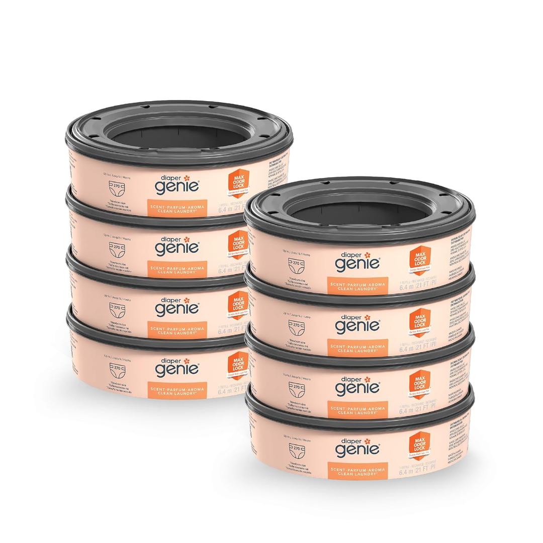 Diaper Genie Bags Refills 270 (Pack of 8) Clean Laundry Scent | Diaper Pail Refills with Max Odor Lock | Holds up to 2160 Newborn Diapers (270 Count (Pack of 8))