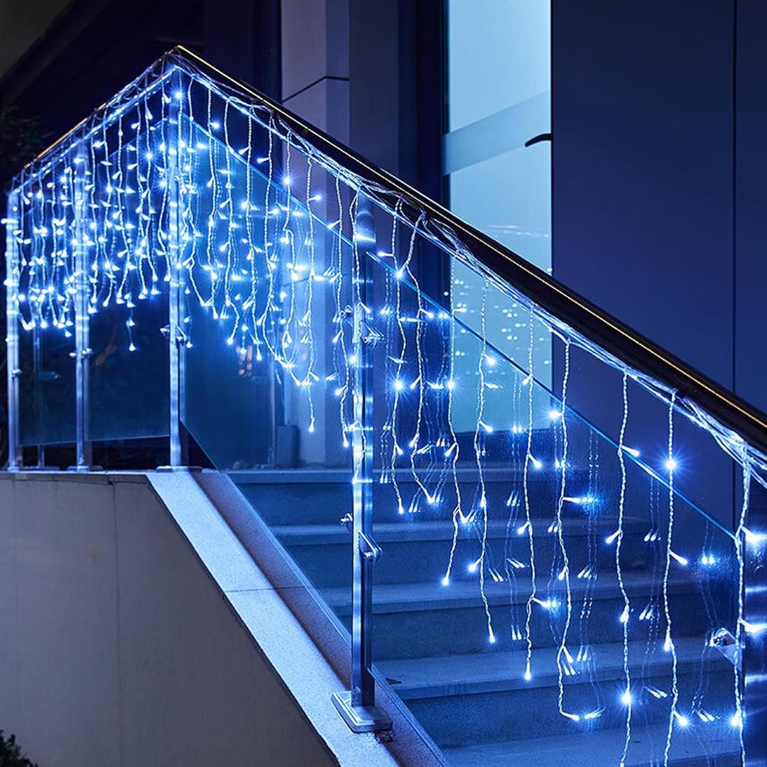 LED Icicle Lights, 16.4FT 216 LEDs 8 Modes Window Curtain Extendable Fairy Christmas Ceiling Dangling Hanging Twinkle Memory Lights for Decorations Outdoor Indoor Cool White, 5M