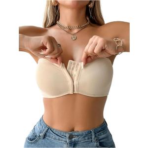 MakeMeChic Women's Strapless Bra Wireless Bralettes Front Closure Bandeau Bra (Medium, Apricot)