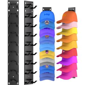 2 Pack Hat Organizer for Baseball Caps, Strong Adhesive Hat Rack for Wall, Multilayer Hat Storage Display Holder, Wall Mounted Hat Hooks Hold up to 18 Hats for Closet Door and Bedroom (Black)