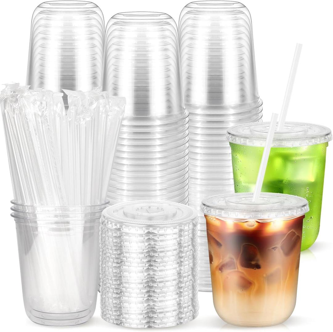 50PCS 12 oz Clear Cups with Lids and Straws, Plastic Disposable Coffee Smoothie Milkshake Juice Cups To Go, Iced Drink Cold Beverage Cup for Home, Office, BBQ, Parties, Outdoor Events, Travel