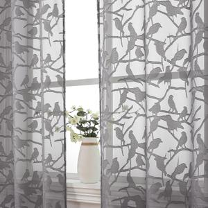 OVZME Grey Small Sheer Curtains 45 Inch Length 2 Panels Set, Light Filtering Soft Airy Cafe Curtains Rod Pocket Design, Leaf Bird Jacquard Farmhouse Window Drapes for Kitchen, 2x38Wx45L