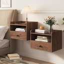 Floating Nightstand Set of 2 Modern Night Stands with Drawer and Open Shelf Cubby Small Bedside End Table with Charging Station Wall Mounted Nightstands Set 2 for Bedroom Brown Walnut, 15.8 inches x 11.5 inches x 11.5 inches