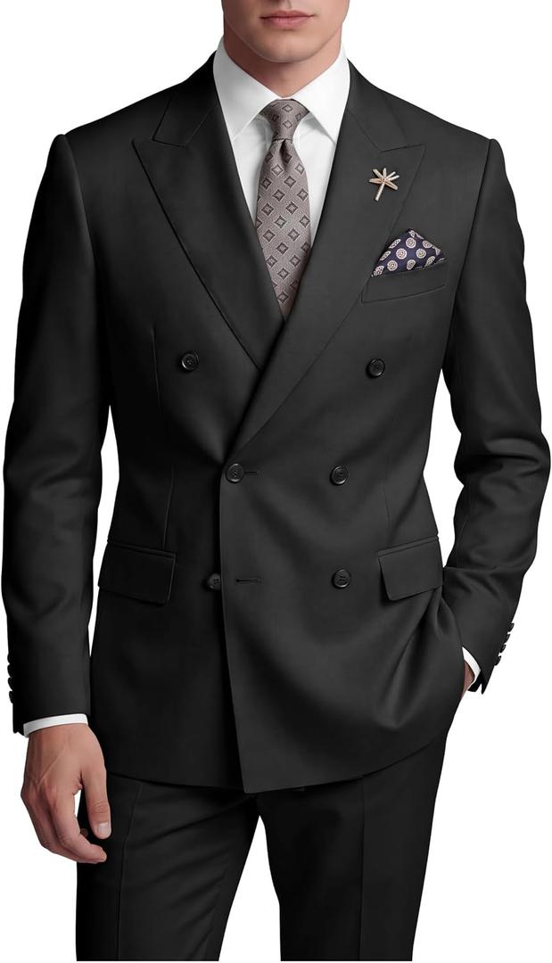 Wangyue Mens Suits Double Breasted Suit Men Slim Fit 2 Piece Wedding Prom Double Breasted Blazer Groom Suit Pants Sets (Black, S)