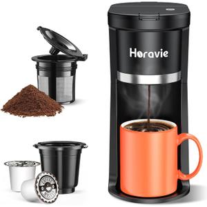 Small Single Serve Coffee Maker, Fast Brew One Cup Coffee Machine for K Cup and Grounds, 6 to 12 oz. Brew Sizes, Capsule Coffee Machine with Descaling Reminder and Viewing Tank, Black (9.45 Inches)