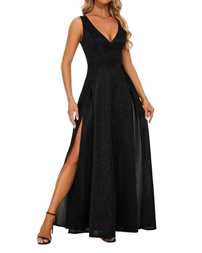 StarRovelex Formal Dress Elegant Evening Long Black Dresses for Women Party Sexy Deep V Neck Sleeveless High Slit Glitter Gala Bridesmaid Prom Wedding Guest Dress Maxi Dress Black, XL
