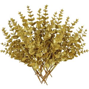 Hollyone 20 Pcs Glitter Artificial Eucalyptus Branches 13" Christmas Pine Stems Picks Gold Fake Picks Stems for DIY Christmas Tree Garland Wreath Crafts Home Decoration