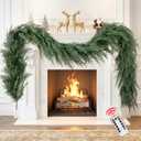 Christmas Cedar Garland Realistic with Lights - Cypress Decorations 9ft for Mantle Lighted Faux Pine Garlands for Xmas Prelit 9ft Door Decor Outdoor Indoor Home Decoration Stairs Railing Fireplace